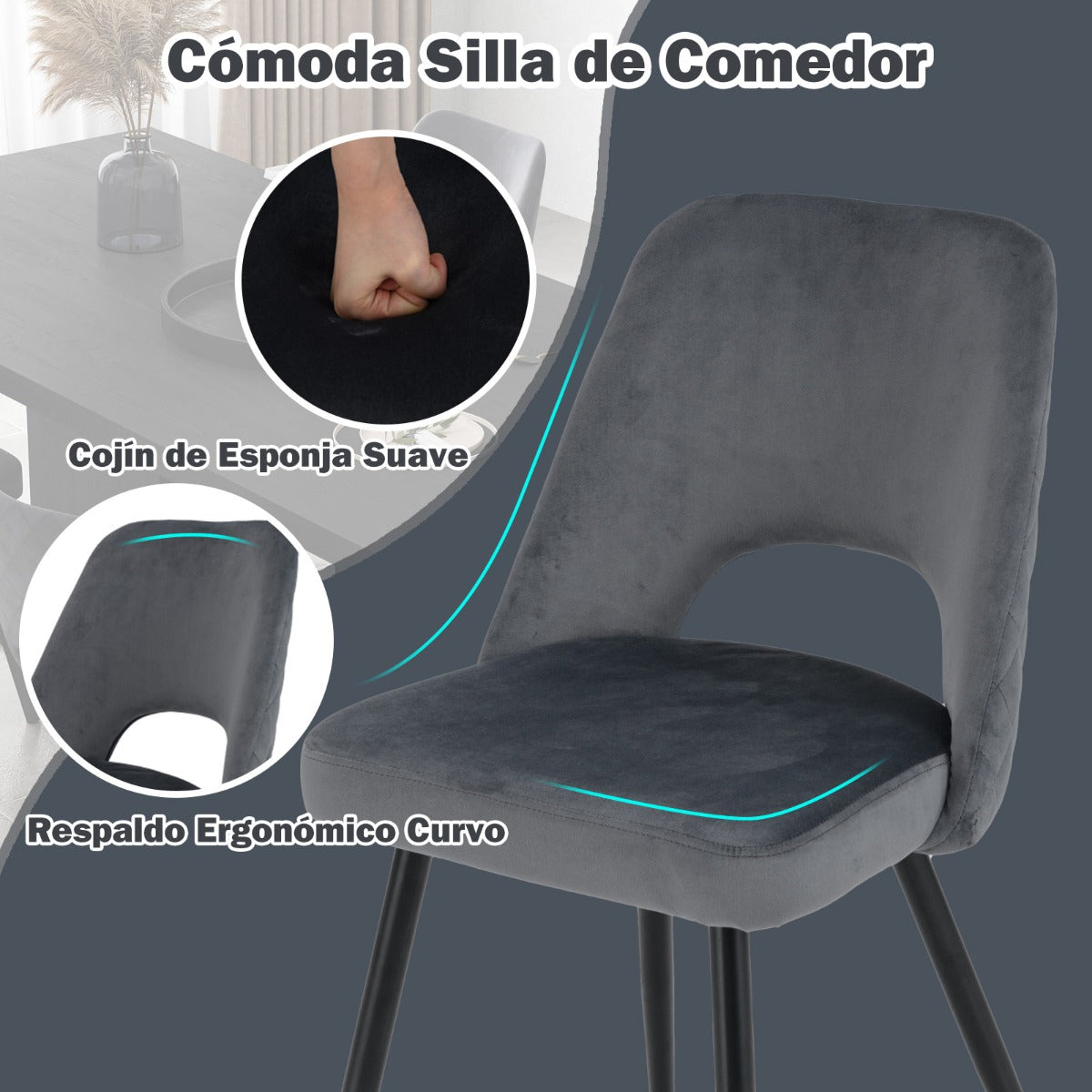 Juego de 2 Sillas de Comedor Silla Tapizada con Cojín de Espuma Patas Metálicas Resistentes Almohadillas Silla de Acento para Cocina Gris
