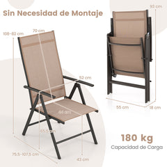 Juego de 2 Silla de Comedor Plegable para Patio Silla Exterior con Respaldo Alto Ajustable Reclinable para Jardín Piscina Camping Marrón