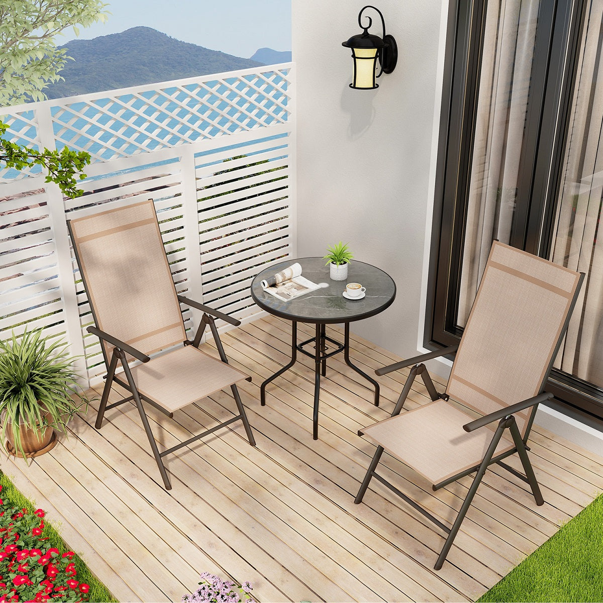 Juego de 2 Silla de Comedor Plegable para Patio Silla Exterior con Respaldo Alto Ajustable Reclinable para Jardín Piscina Camping Marrón