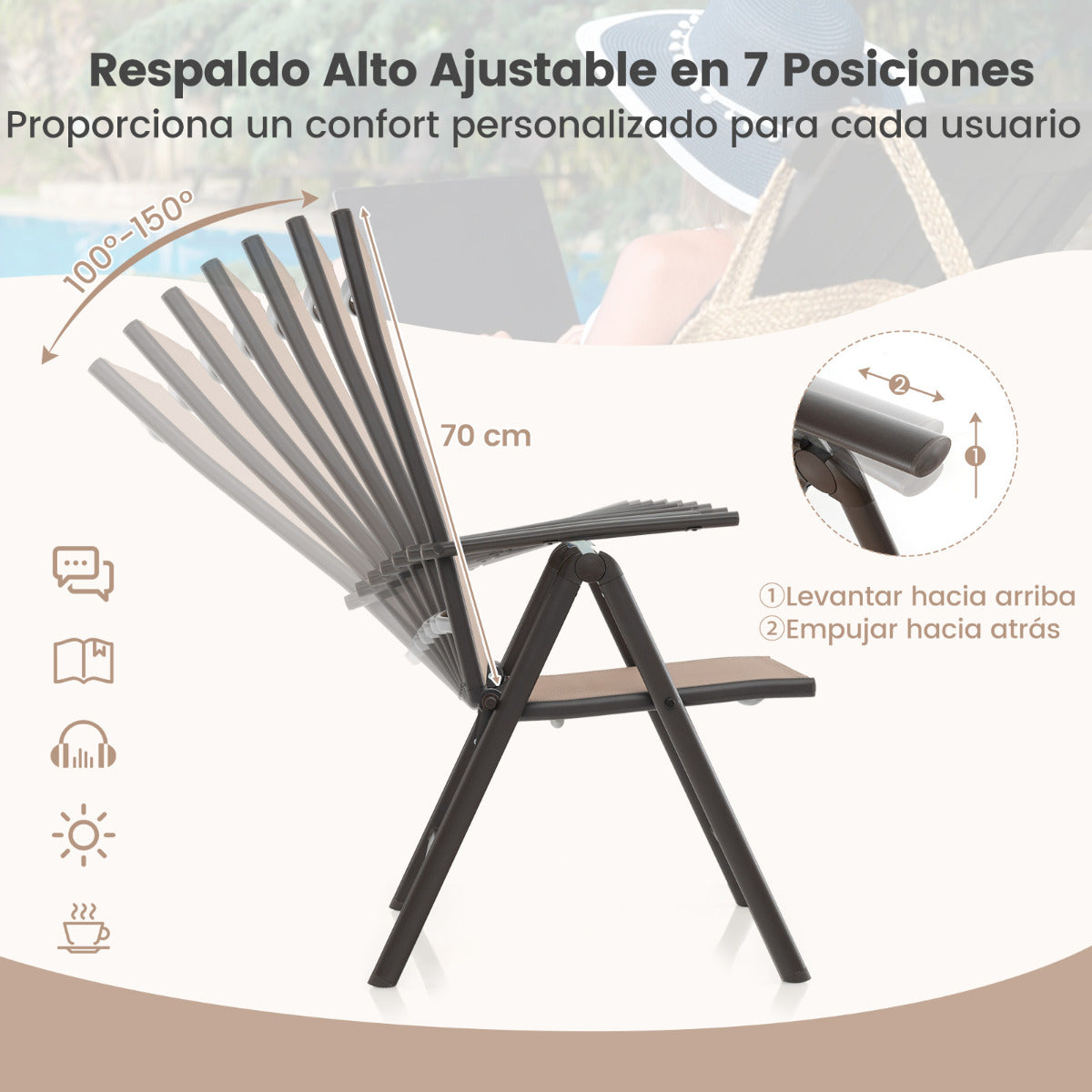 Juego de 1 Silla de Comedor Plegable para Patio Silla Exterior con Respaldo Alto Ajustable Reclinable para Jardín Piscina Camping Marrón