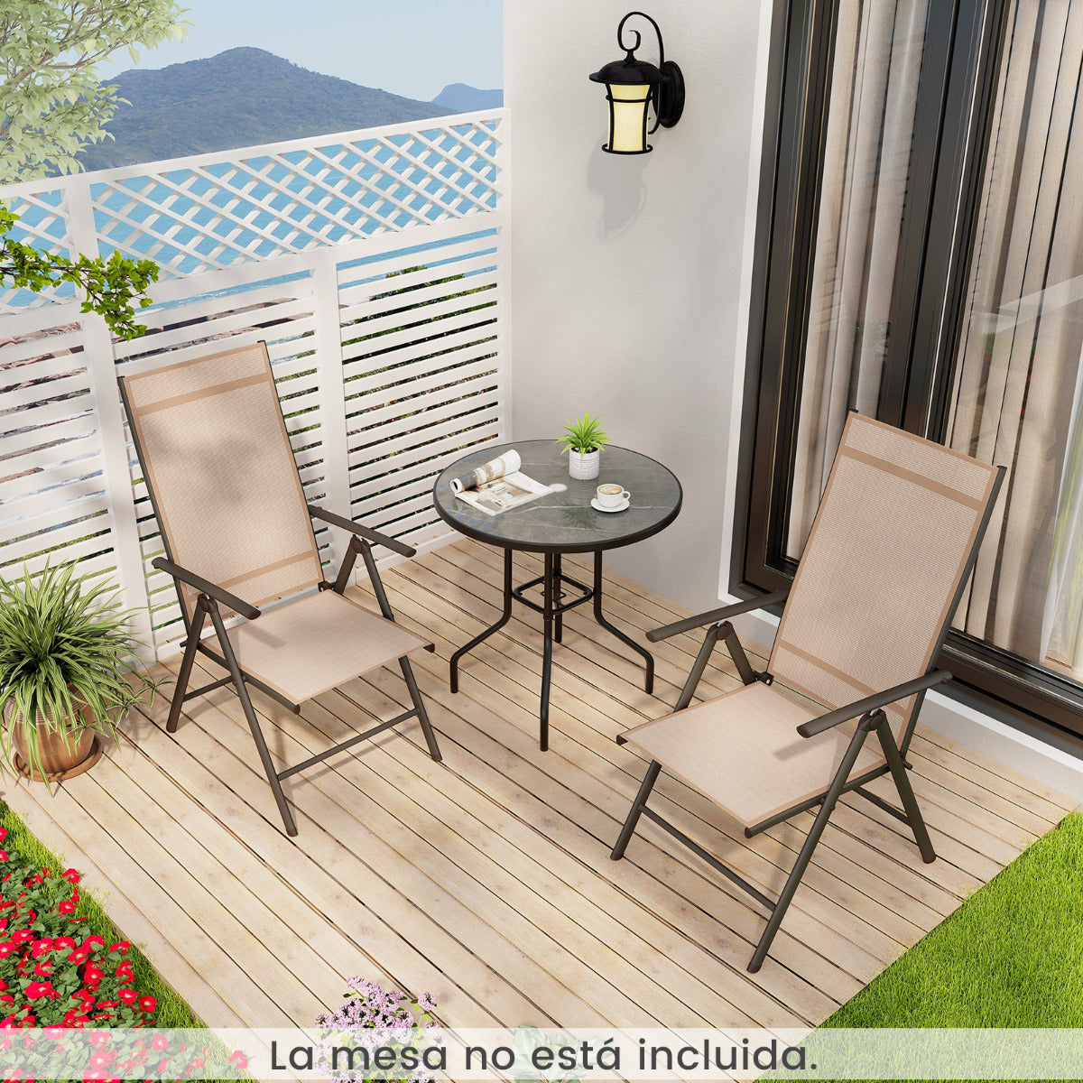 Juego de 1 Silla de Comedor Plegable para Patio Silla Exterior con Respaldo Alto Ajustable Reclinable para Jardín Piscina Camping Marrón