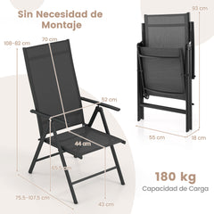 Juego de 1 Silla de Comedor Plegable para Patio Silla Exterior con Respaldo Alto Ajustable Reclinable para Jardín Piscina Camping Negro