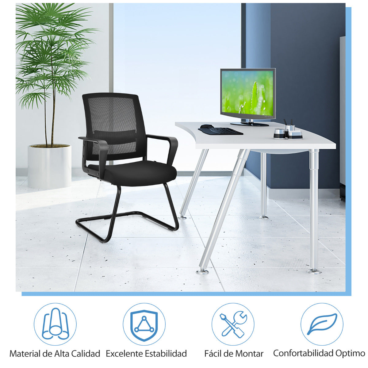 2 Sillas de Conferencia de Oficina Forma Trineo Respaldo Ergonómico de Red Asiento Acolchado Soporte Lumbar Regulable 60 x 54,5 x 94 cm Negro