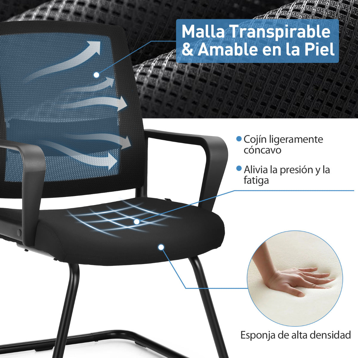 2 Sillas de Conferencia de Oficina Forma Trineo Respaldo Ergonómico de Red Asiento Acolchado Soporte Lumbar Regulable 60 x 54,5 x 94 cm Negro