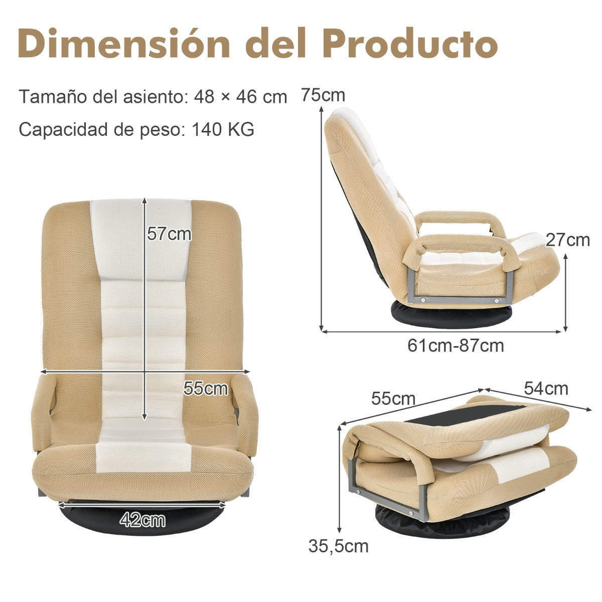 Sofá Silla Plegable de Suelo Regulable en 7 Posiciones con Base Giratoria a 360° y Reposabrazos Carga 150 kg 61-87 x 55 x 75 cm Beige