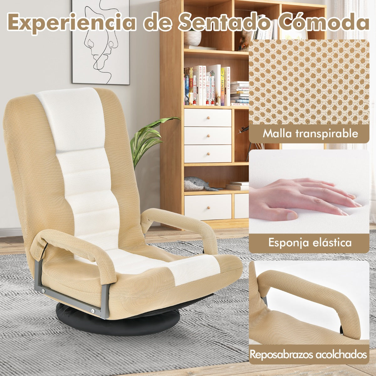 Sofá Silla Plegable de Suelo Regulable en 7 Posiciones con Base Giratoria a 360° y Reposabrazos Carga 150 kg 61-87 x 55 x 75 cm Beige