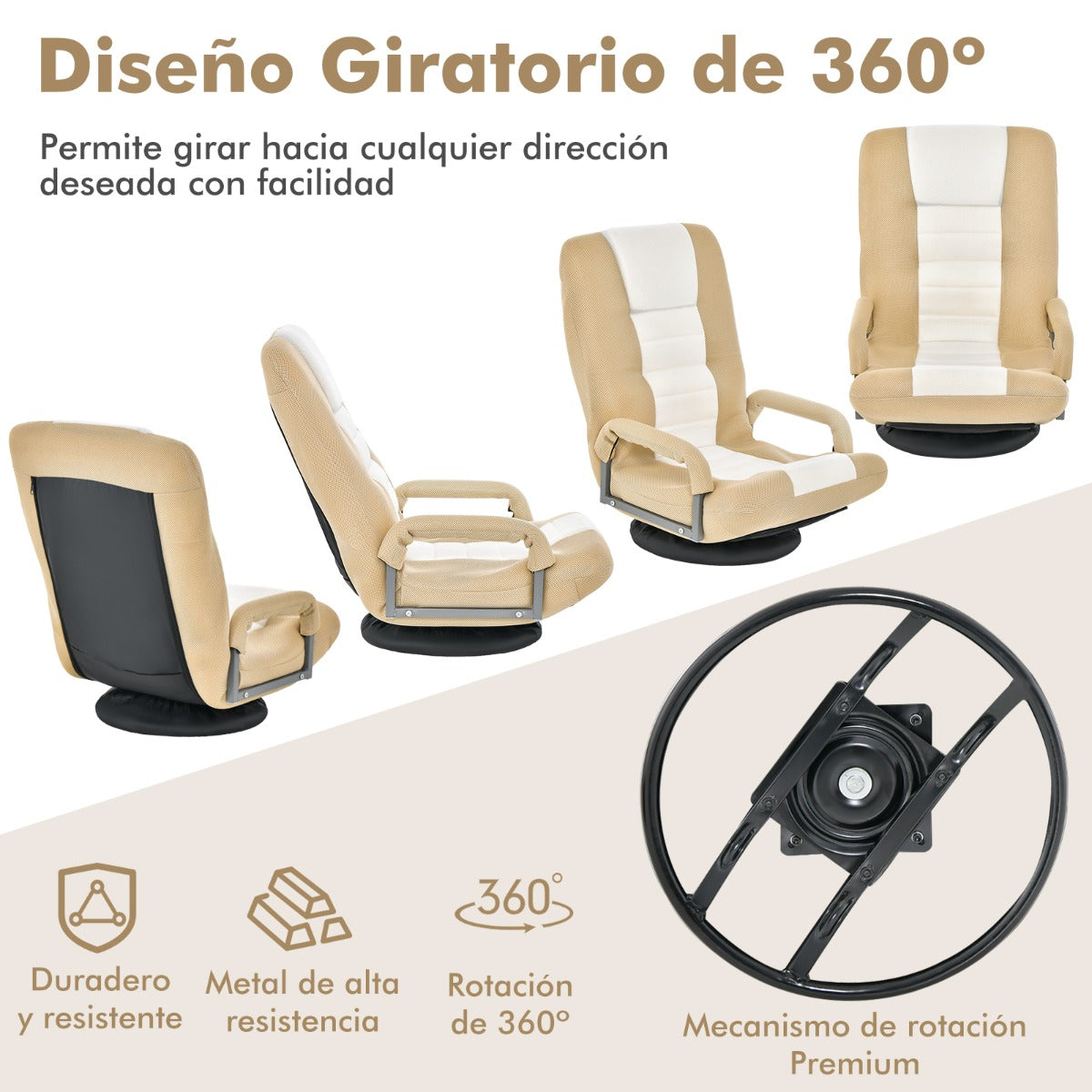Sofá Silla Plegable de Suelo Regulable en 7 Posiciones con Base Giratoria a 360° y Reposabrazos Carga 150 kg 61-87 x 55 x 75 cm Beige