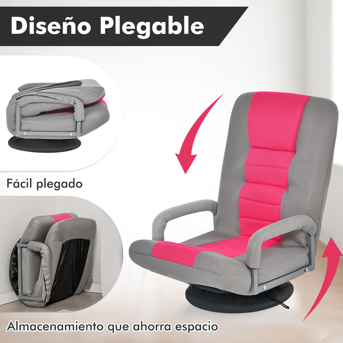Sofá Silla Plegable de Suelo Regulable en 7 Posiciones con Base Giratoria a 360° y Reposabrazos Carga 150 kg 61-87 x 55 x 75 cm Rosa