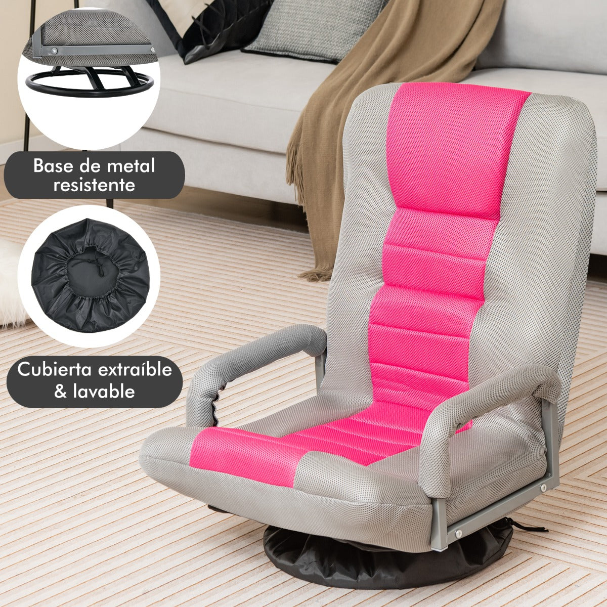 Sofá Silla Plegable de Suelo Regulable en 7 Posiciones con Base Giratoria a 360° y Reposabrazos Carga 150 kg 61-87 x 55 x 75 cm Rosa