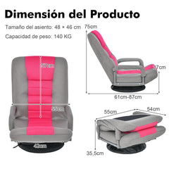 Sofá Silla Plegable de Suelo Regulable en 7 Posiciones con Base Giratoria a 360° y Reposabrazos Carga 150 kg 61-87 x 55 x 75 cm Rosa