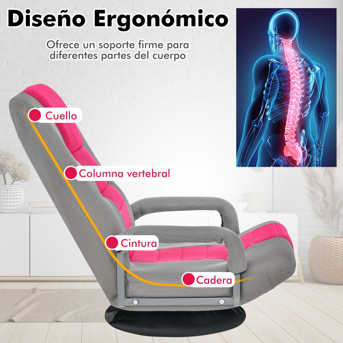Sofá Silla Plegable de Suelo Regulable en 7 Posiciones con Base Giratoria a 360° y Reposabrazos Carga 150 kg 61-87 x 55 x 75 cm Rosa