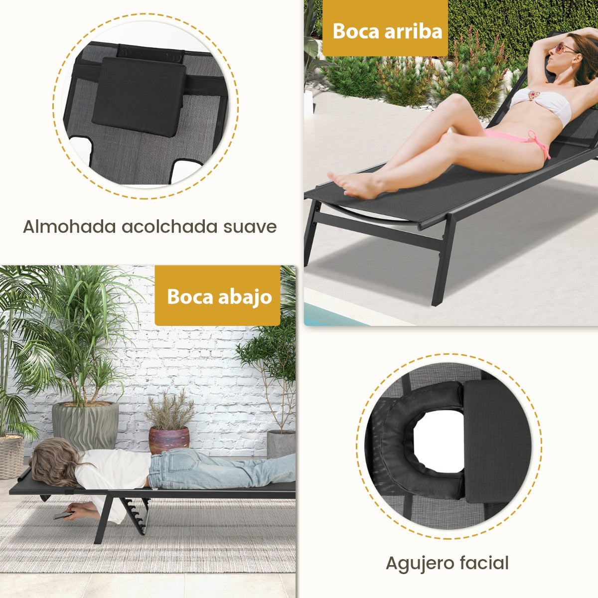 Tumbona Jardín Exterior Respaldo Ajustable de 5 Posiciones con Agujero para Cara y Almohadas para Cabeza para Playa Patio Terraza Negro