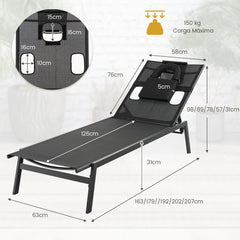Tumbona Jardín Exterior Respaldo Ajustable de 5 Posiciones con Agujero para Cara y Almohadas para Cabeza para Playa Patio Terraza Negro