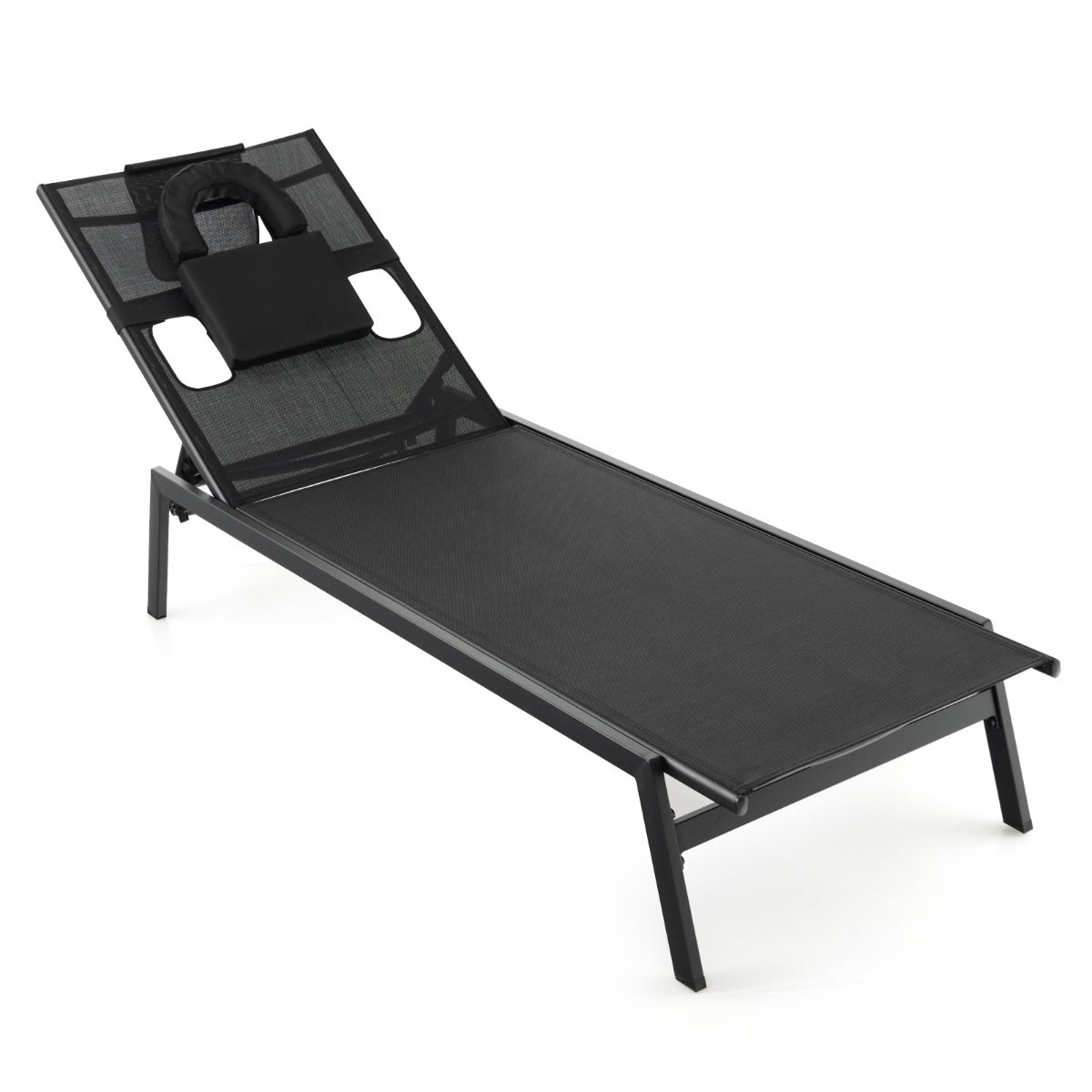 Tumbona Jardín Exterior Respaldo Ajustable de 5 Posiciones con Agujero para Cara y Almohadas para Cabeza para Playa Patio Terraza Negro