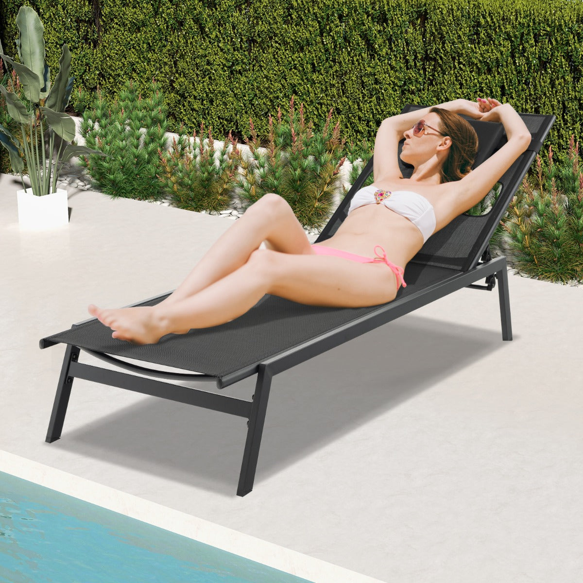 Tumbona Jardín Exterior Respaldo Ajustable de 5 Posiciones con Agujero para Cara y Almohadas para Cabeza para Playa Patio Terraza Negro