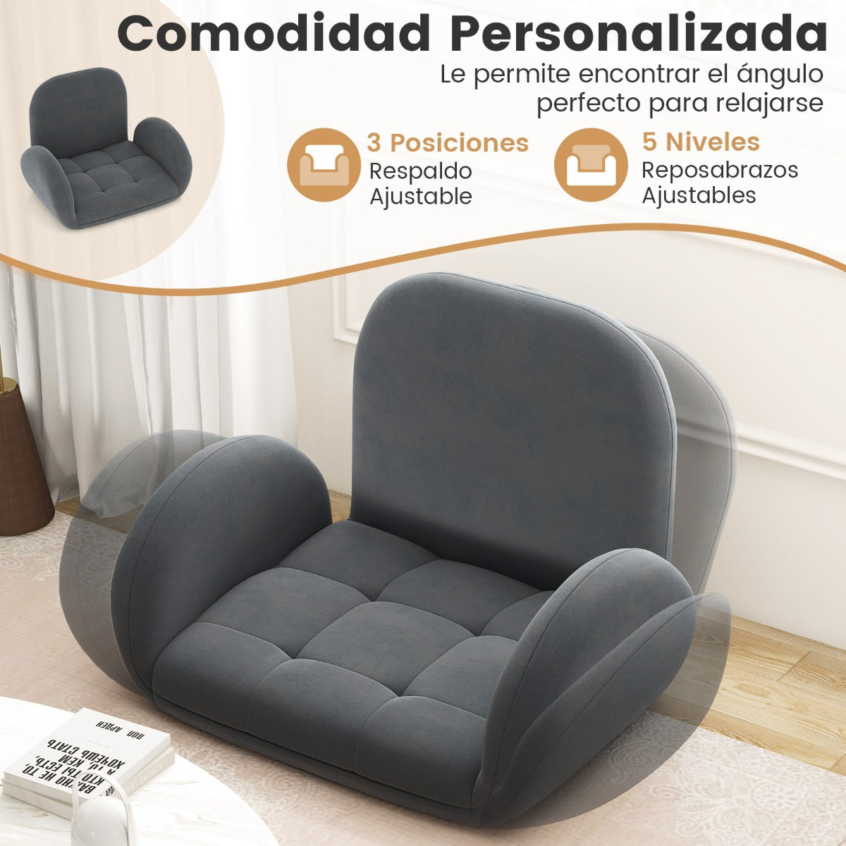 Silla Plegable para Juegos de Piso Silla Sofá Perezosa con Respaldo y Reposabrazos Ajustables Sillón Reclinable para Lectura Interior Gris