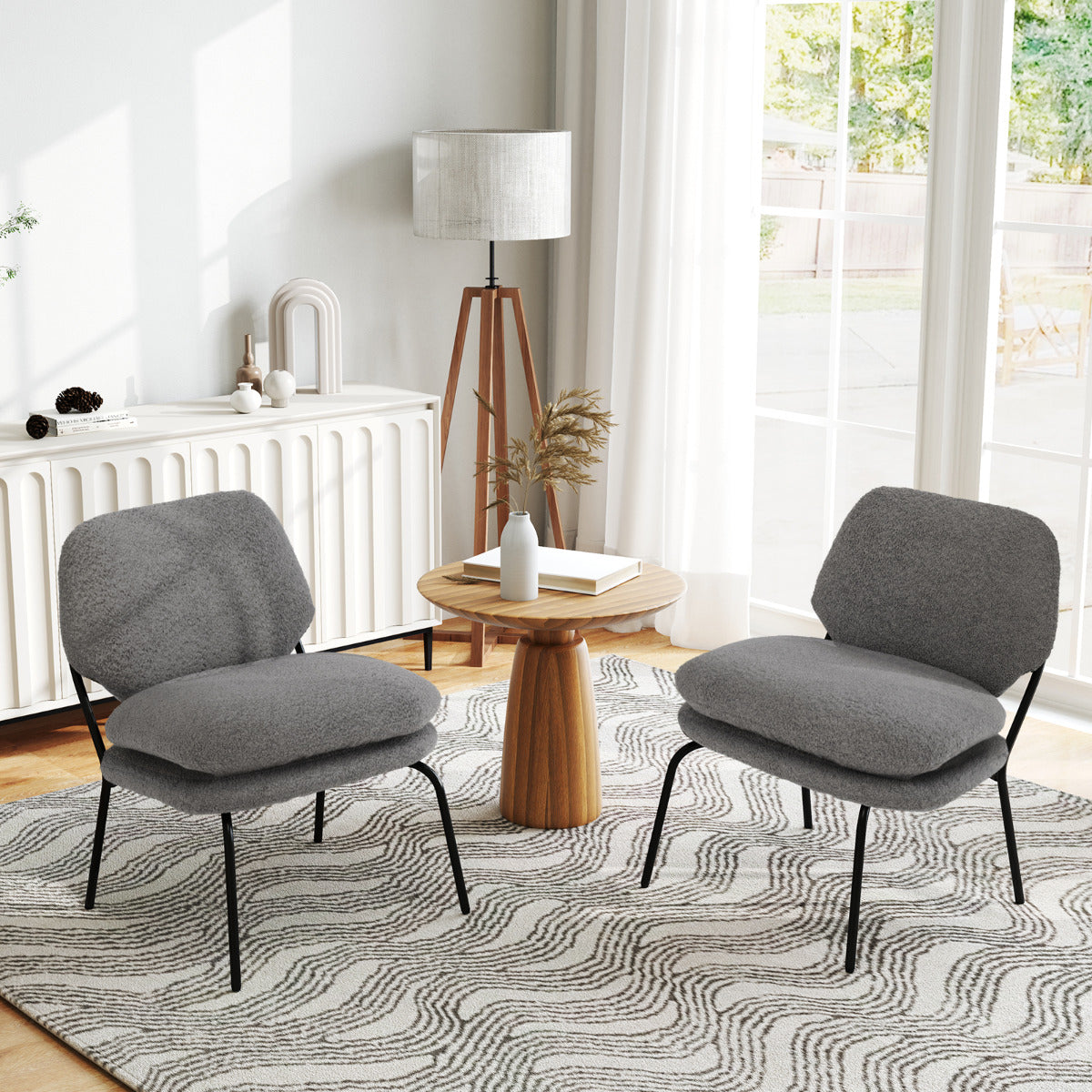Silla de Ocio sin Brazos Silla Tapizada en Tela de Forro Polar con Respaldo Alto Cojines Gruesos Patas Metálicas para Salón Dormitorio Gris