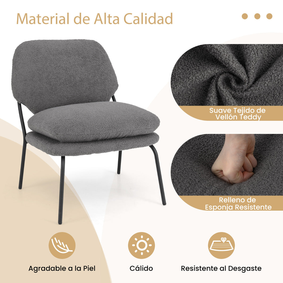Silla de Ocio sin Brazos Silla Tapizada en Tela de Forro Polar con Respaldo Alto Cojines Gruesos Patas Metálicas para Salón Dormitorio Gris