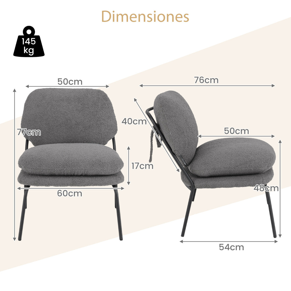 Silla de Ocio sin Brazos Silla Tapizada en Tela de Forro Polar con Respaldo Alto Cojines Gruesos Patas Metálicas para Salón Dormitorio Gris
