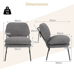 Silla de Ocio sin Brazos Silla Tapizada en Tela de Forro Polar con Respaldo Alto Cojines Gruesos Patas Metálicas para Salón Dormitorio Gris