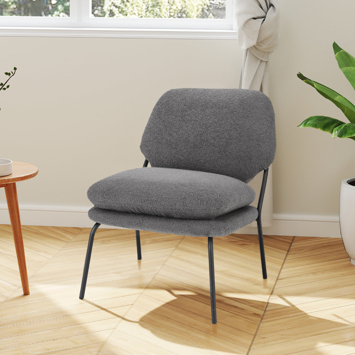 Silla de Ocio sin Brazos Silla Tapizada en Tela de Forro Polar con Respaldo Alto Cojines Gruesos Patas Metálicas para Salón Dormitorio Gris