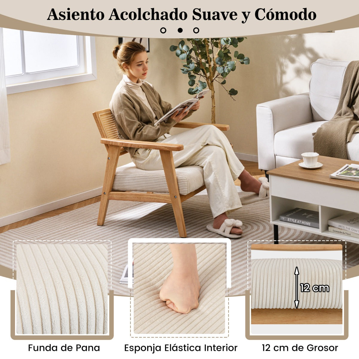 Silla de Ocio de Interior con Asiento Tapizado y Respaldo de Ratán 69 x 73 x 73 cm Natural