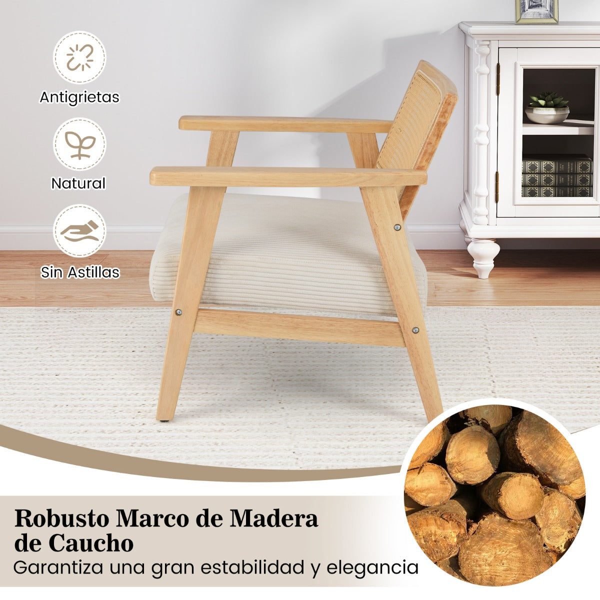 Silla de Ocio de Interior con Asiento Tapizado y Respaldo de Ratán 69 x 73 x 73 cm Natural