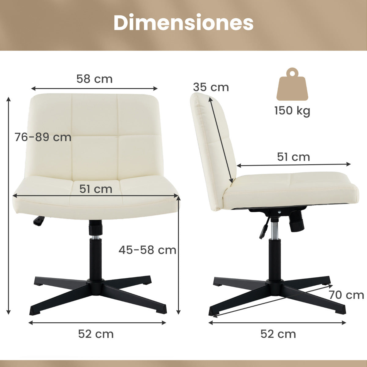 Silla de Oficina con Patas Cruzadas Tapizada en Cuero de PU Asiento en Forma de U Altura Ajustable sin Brazos sin Ruedas Beige