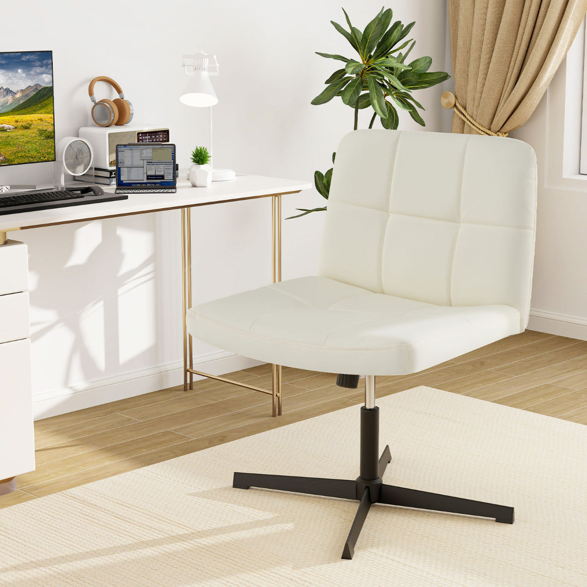 Silla de Oficina con Patas Cruzadas Tapizada en Cuero de PU Asiento en Forma de U Altura Ajustable sin Brazos sin Ruedas Beige