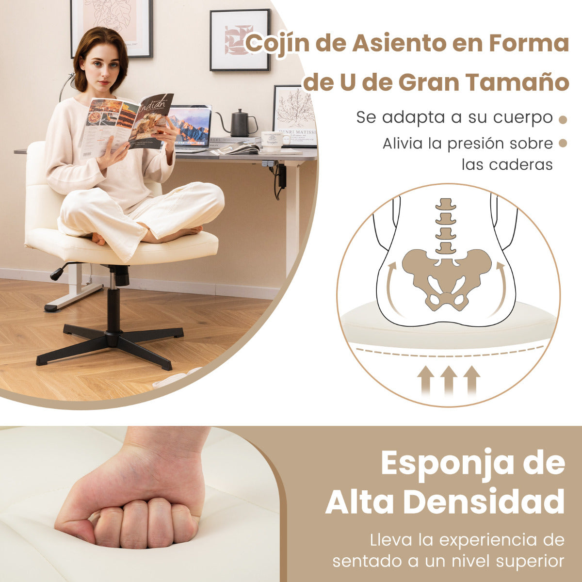 Silla de Oficina con Patas Cruzadas Tapizada en Cuero de PU Asiento en Forma de U Altura Ajustable sin Brazos sin Ruedas Beige