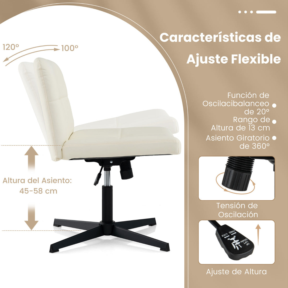 Silla de Oficina con Patas Cruzadas Tapizada en Cuero de PU Asiento en Forma de U Altura Ajustable sin Brazos sin Ruedas Beige
