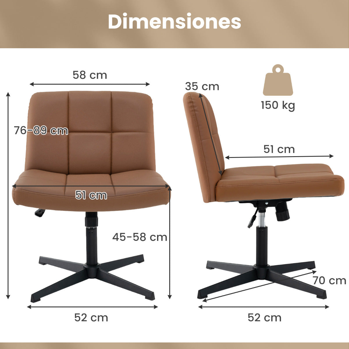 Silla de Oficina con Patas Cruzadas Tapizada en Cuero de PU Asiento en Forma de U Altura Ajustable sin Brazos sin Ruedas Marrón