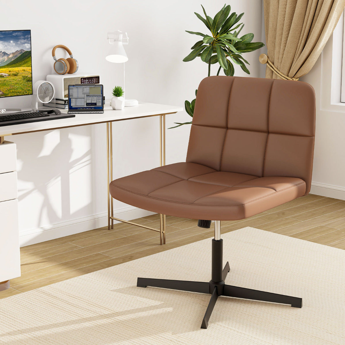 Silla de Oficina con Patas Cruzadas Tapizada en Cuero de PU Asiento en Forma de U Altura Ajustable sin Brazos sin Ruedas Marrón