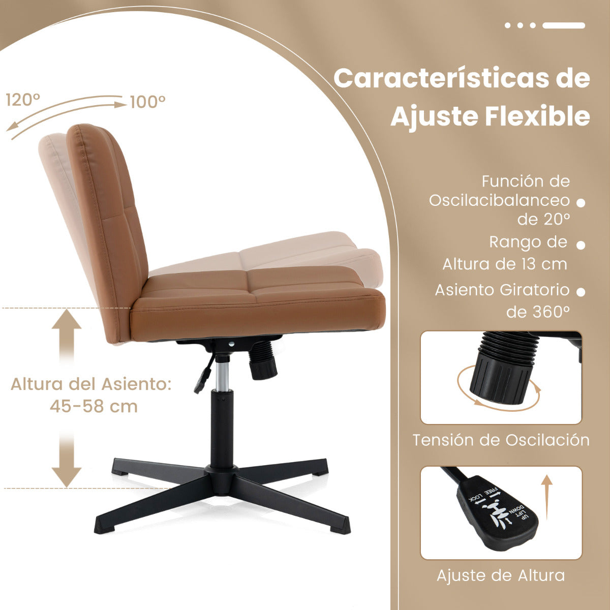 Silla de Oficina con Patas Cruzadas Tapizada en Cuero de PU Asiento en Forma de U Altura Ajustable sin Brazos sin Ruedas Marrón