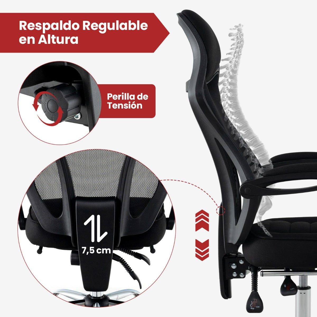 Silla Giratoria para Oficina Ergonómica con Respaldo Ajustable en Altura y Reclinado 70 x 68 x 109,5-116,5 cm Negro