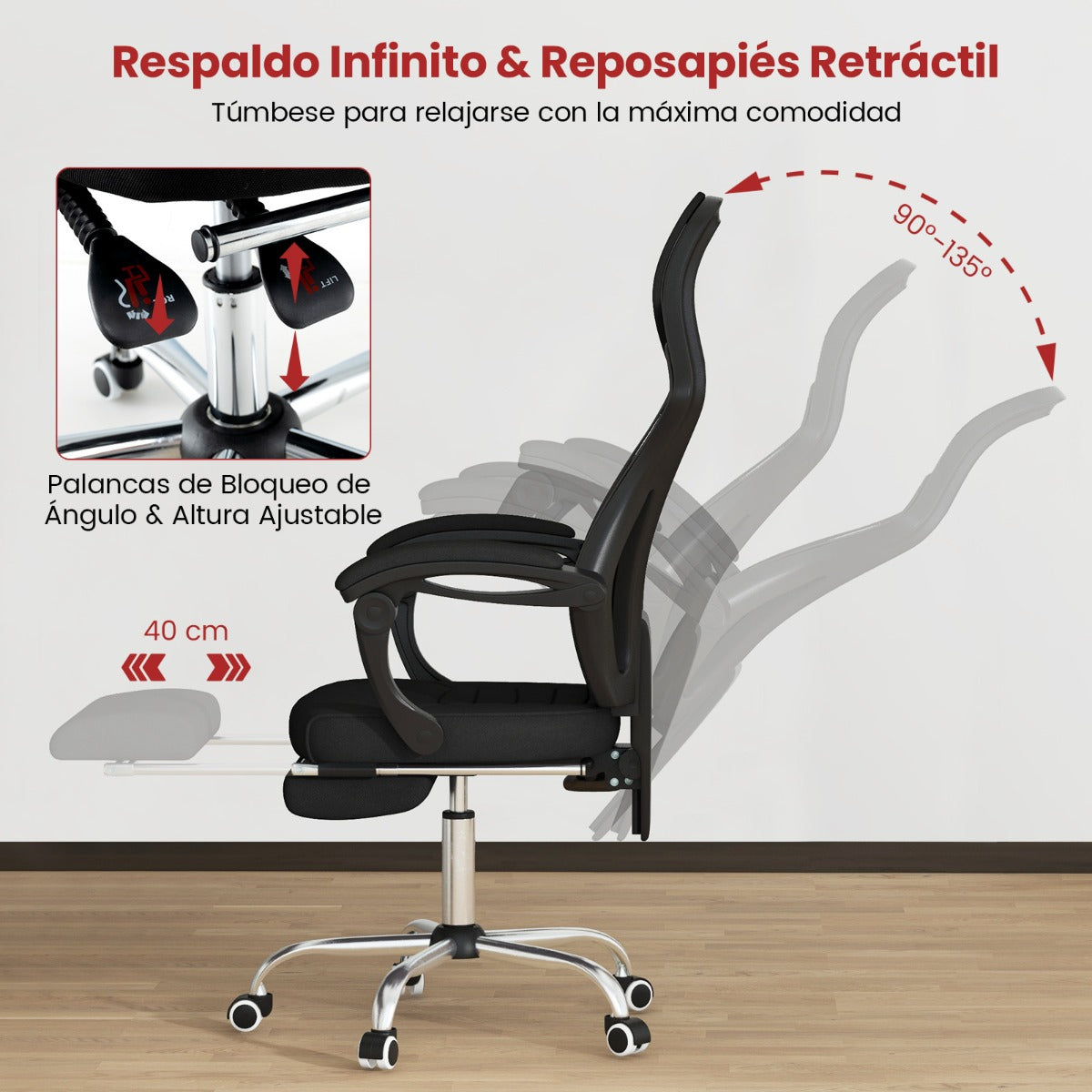 Silla Giratoria para Oficina Ergonómica con Respaldo Ajustable en Altura y Reclinado 70 x 68 x 109,5-116,5 cm Negro