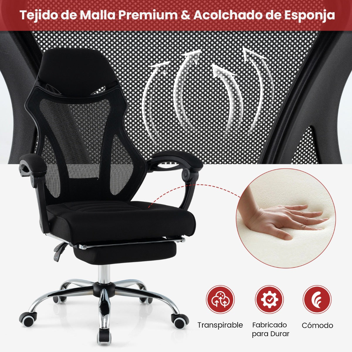 Silla Giratoria para Oficina Ergonómica con Respaldo Ajustable en Altura y Reclinado 70 x 68 x 109,5-116,5 cm Negro