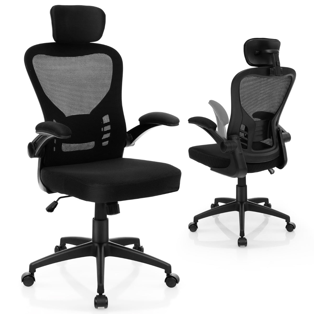Silla de Oficina Ergonómica con Malla Reposabrazos Plegables Respaldo Ajustable y Basculante 66 x 66 x 114-124 cm Negro