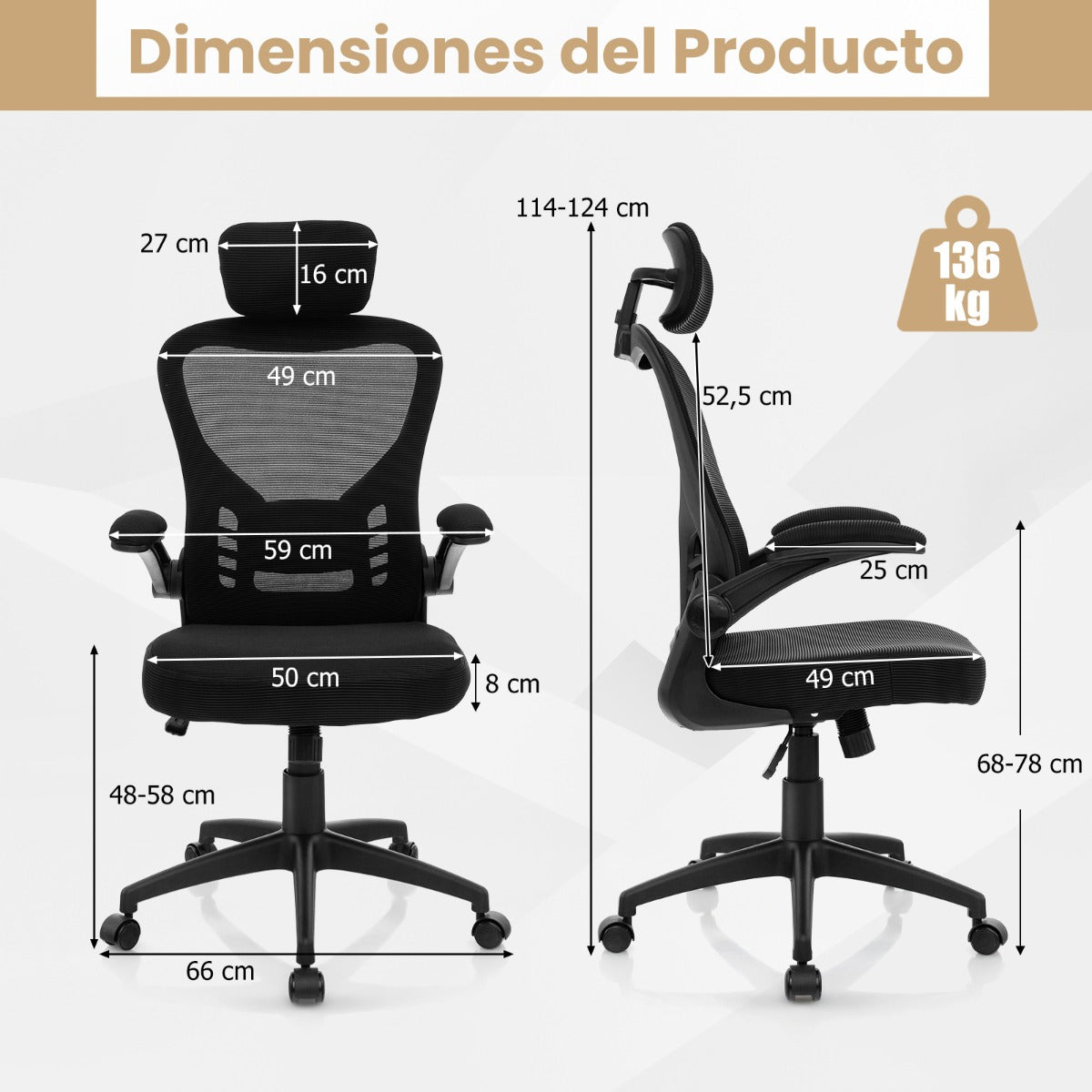 Silla de Oficina Ergonómica con Malla Reposabrazos Plegables Respaldo Ajustable y Basculante 66 x 66 x 114-124 cm Negro