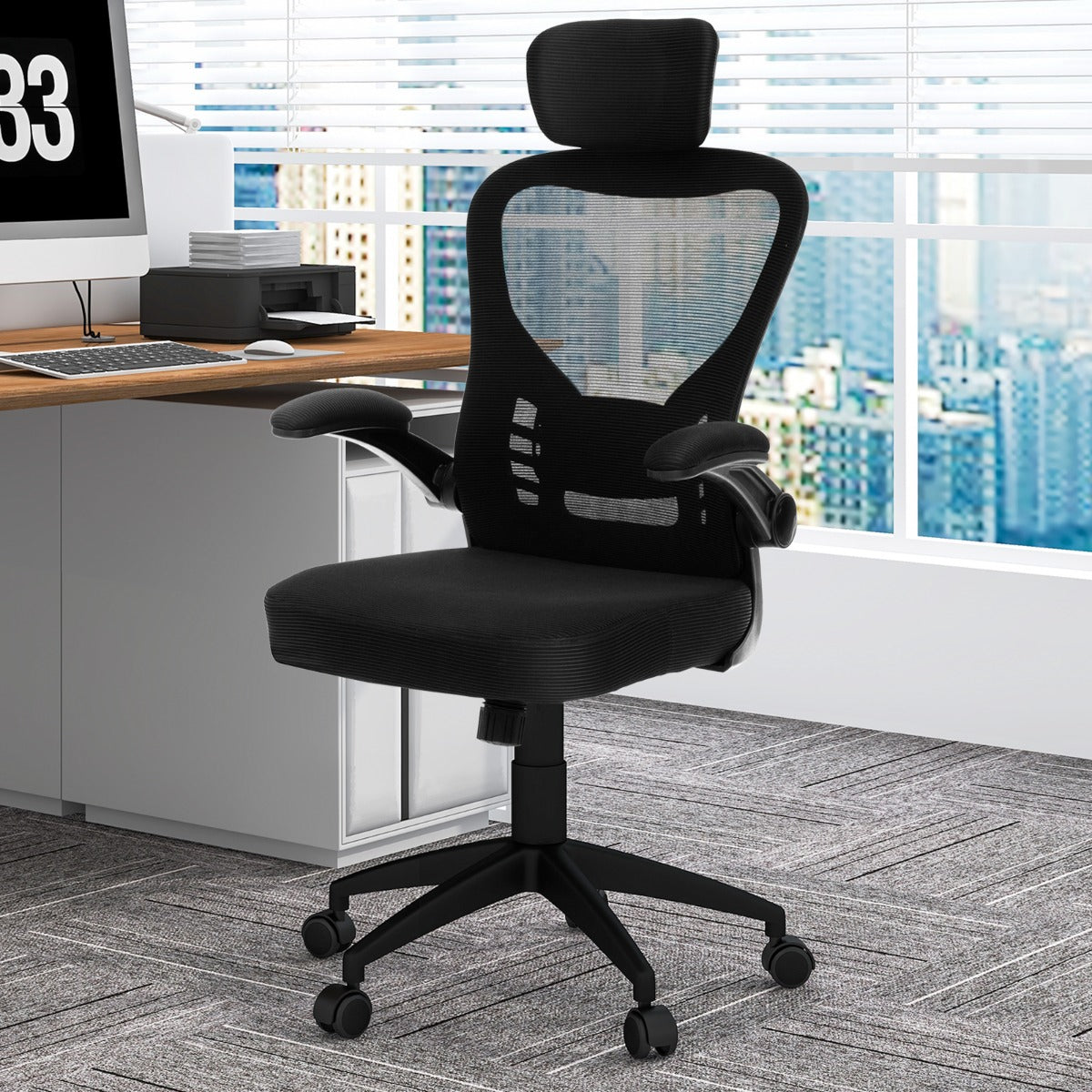 Silla de Oficina Ergonómica con Malla Reposabrazos Plegables Respaldo Ajustable y Basculante 66 x 66 x 114-124 cm Negro