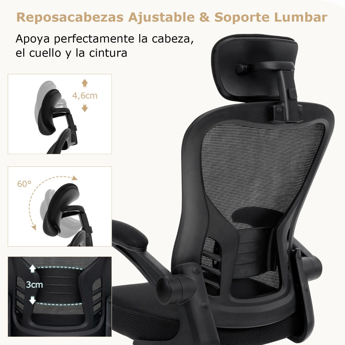Silla de Oficina Ergonómica con Malla Reposabrazos Plegables Respaldo Ajustable y Basculante 66 x 66 x 114-124 cm Negro