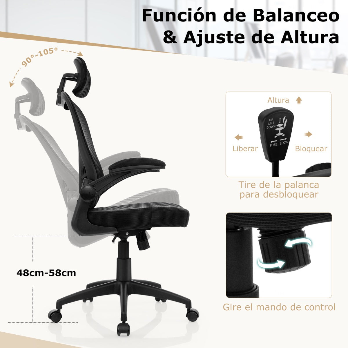 Silla de Oficina Ergonómica con Malla Reposabrazos Plegables Respaldo Ajustable y Basculante 66 x 66 x 114-124 cm Negro