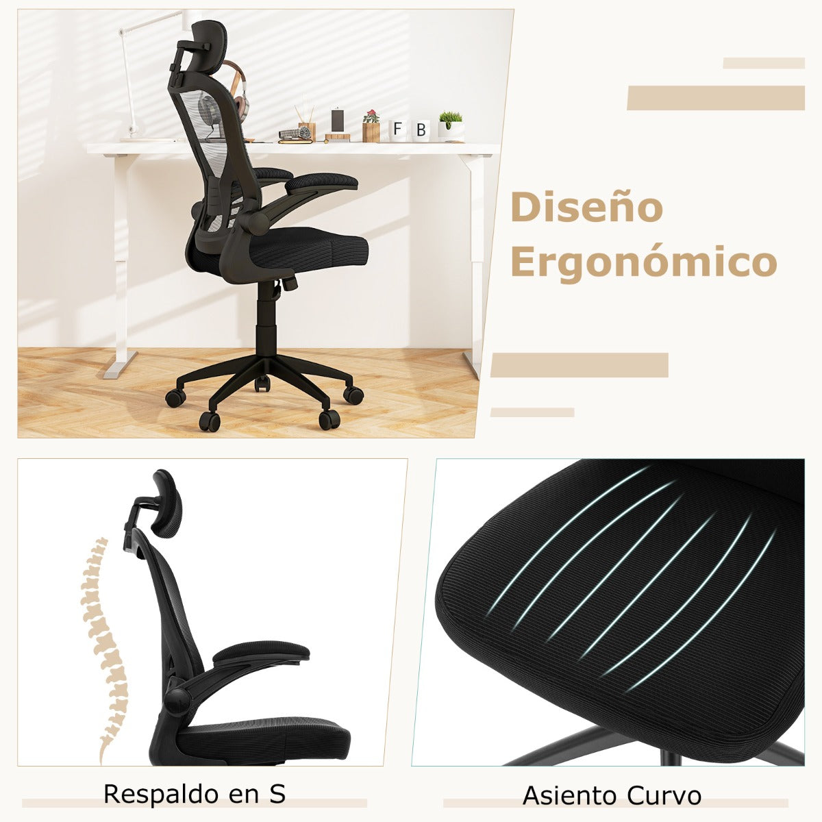 Silla de Oficina Ergonómica con Malla Reposabrazos Plegables Respaldo Ajustable y Basculante 66 x 66 x 114-124 cm Negro