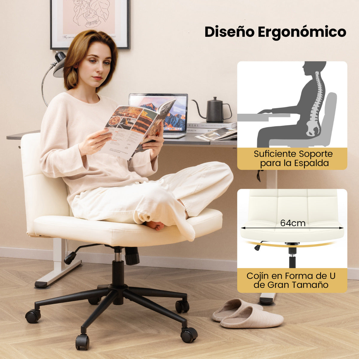 Silla de Oficina Tapizada en Cuero de PU con Ruedas Patas Cruzadas y Asiento de Gran Tamaño Altura Ajustable para Hogar Maquillaje Beige