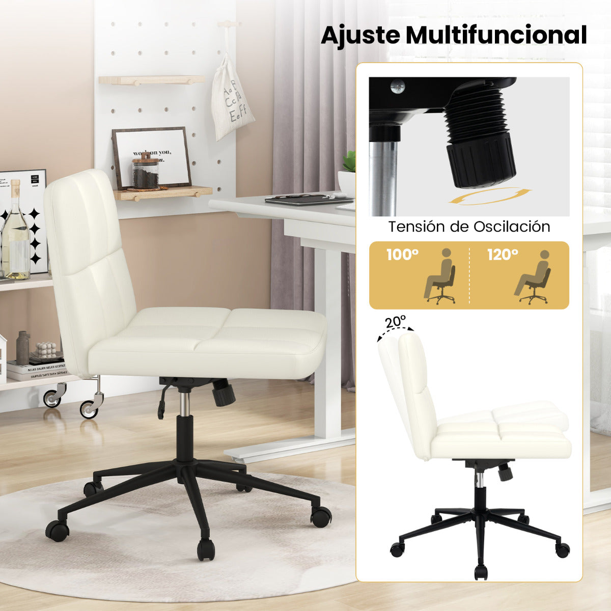 Silla de Oficina Tapizada en Cuero de PU con Ruedas Patas Cruzadas y Asiento de Gran Tamaño Altura Ajustable para Hogar Maquillaje Beige