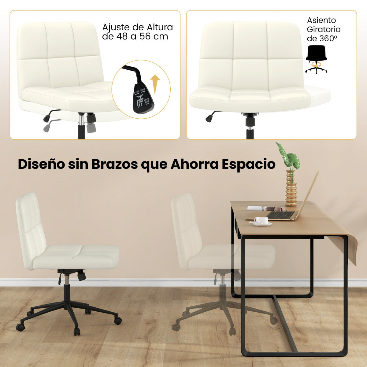 Silla de Oficina Tapizada en Cuero de PU con Ruedas Patas Cruzadas y Asiento de Gran Tamaño Altura Ajustable para Hogar Maquillaje Beige