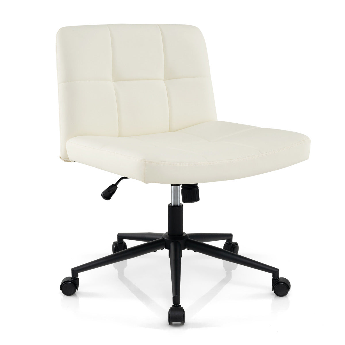 Silla de Oficina Tapizada en Cuero de PU con Ruedas Patas Cruzadas y Asiento de Gran Tamaño Altura Ajustable para Hogar Maquillaje Beige