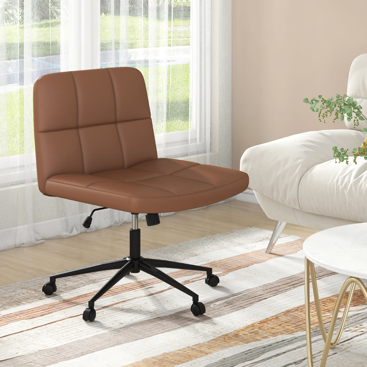 Silla de Oficina Tapizada en Cuero de PU con Ruedas Patas Cruzadas y Asiento de Gran Tamaño Altura Ajustable para Hogar Maquillaje Marrón