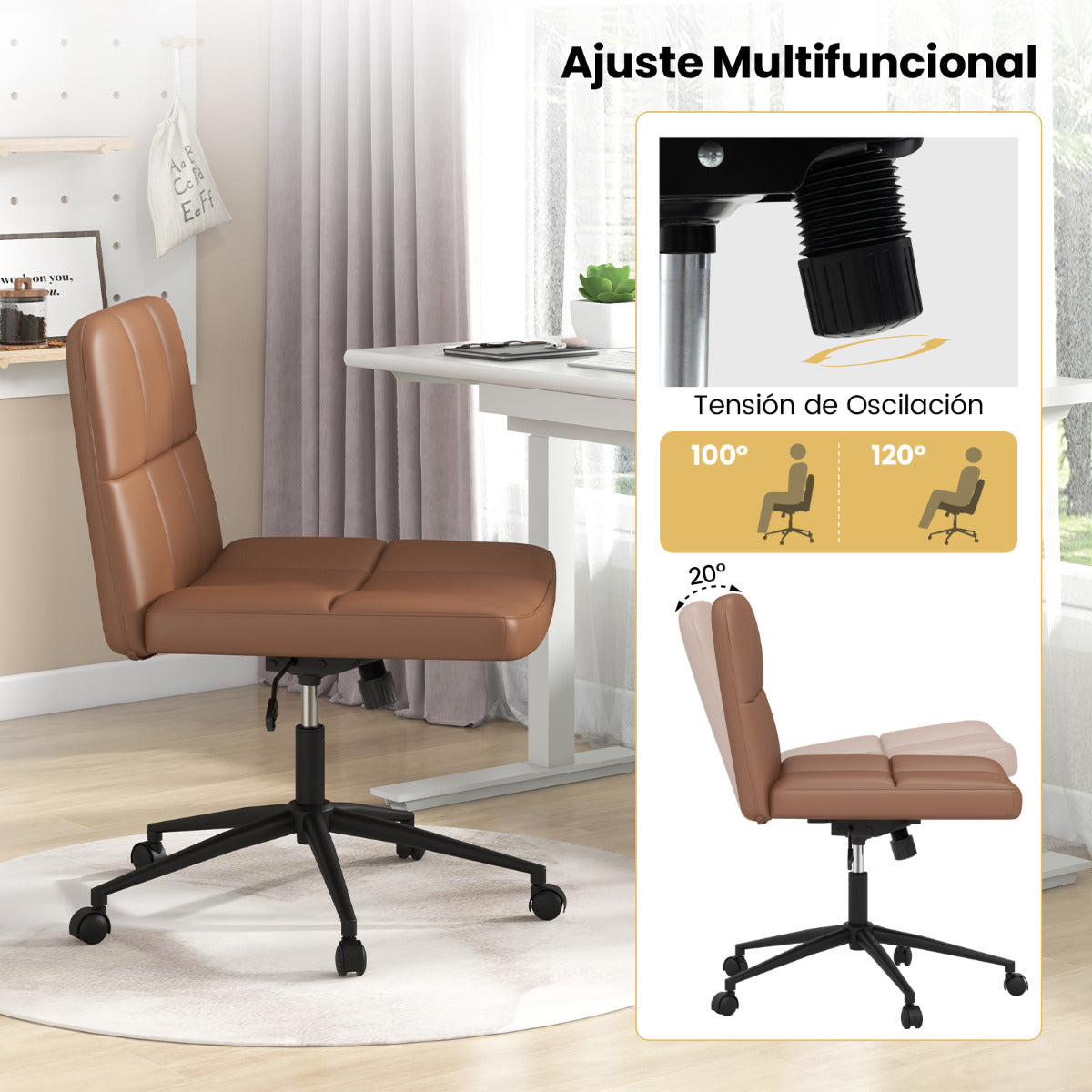 Silla de Oficina Tapizada en Cuero de PU con Ruedas Patas Cruzadas y Asiento de Gran Tamaño Altura Ajustable para Hogar Maquillaje Marrón