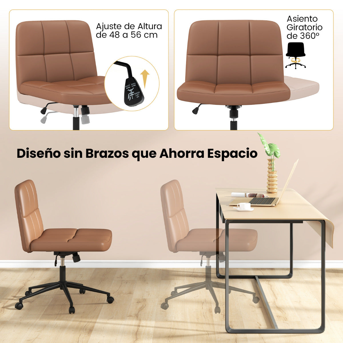 Silla de Oficina Tapizada en Cuero de PU con Ruedas Patas Cruzadas y Asiento de Gran Tamaño Altura Ajustable para Hogar Maquillaje Marrón